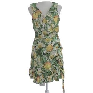 Luisa Positano V-Neck Tie Wrap Mini Dress Lemon Print Linen Size S